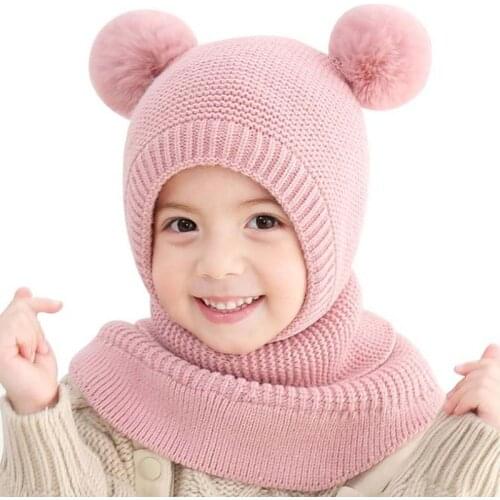Doitbest 2 to 6 Y Winter hat beanies boys Beanie two hairball Child knit fur hats Protect face neck kids girls Earflap Caps
