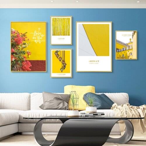 Light Yellow Wall and Architecture Blooming Flowers Colorful Lantern Modern Wall Posters Canvas Painting Living Room Decoration