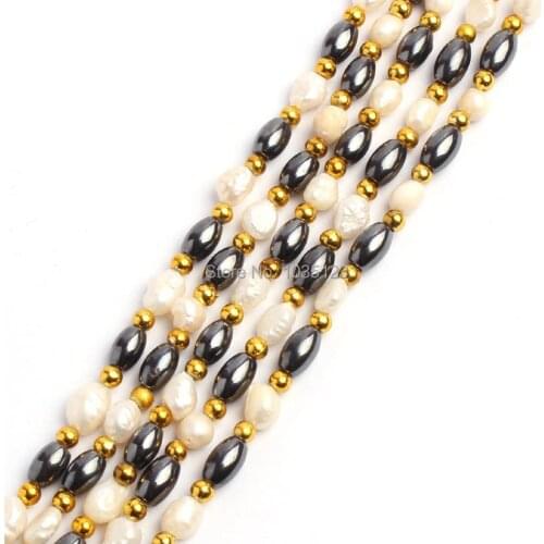 High Quality 5 strand 4-5mm White Irregular Freshwater Pearl 4x6mm Oval Hematite DIY Loose Beads Strand 15" Jewelry Making w771