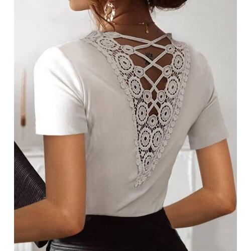 Women T-Shirt Lace Backless Skinny V-Neck Ladies Tops Elegant O-neck Solid Short Sleeve Fashion Comfy Summer Streetwear Mujer