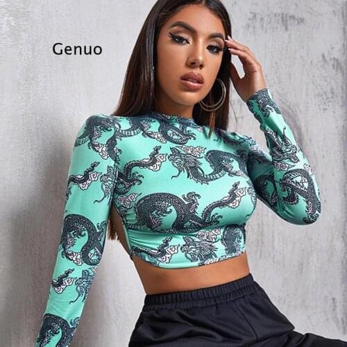 Womens Printed T-Shirt 2021 Autumn O-Neck Sexy Backless Lace-Up Long-Sleeved Tight Top with High Elasticity Pullover Short Tees