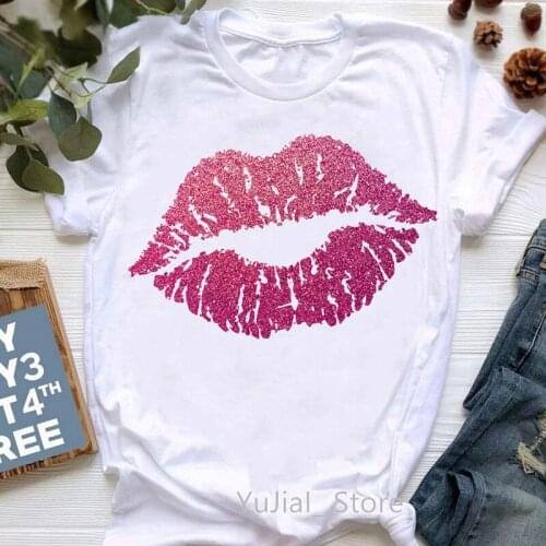 Pink Glitter Lips Print T-Shirt WomenS Clothing Summer Fashion Tshirt Femme White Style T Shirt Female Harajuku Shirt Wholesale