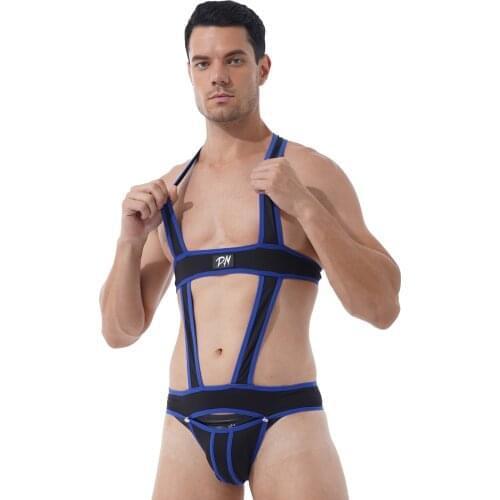 Plus Size Sleepwear Men Homewear Sport Fit Hollow Out Jockstrap Leotard Wrestling Singlet Contrast Color Bulge Pouch Bodysuit