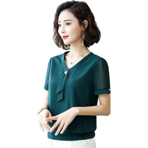 Women Spring Summer Style Chiffon Blouses Shirts Lady Casual Short Sleeve V-Neck Slim Chiffon Blusas Tops ZZ0415