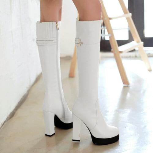 Autumn Women Boots Pu Platform Knee High Boots Sqaure High Heel Long Boots Zipper Winter Shoes Big Size 41 42 43 Black White