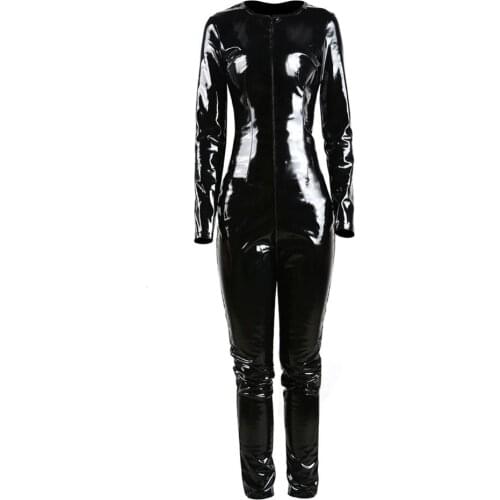 Women Black Vinyl PVC Leather Jumpsuit Catsuit Long Sleeves Zipper Shiny Exotic Cat Women Bodysuit