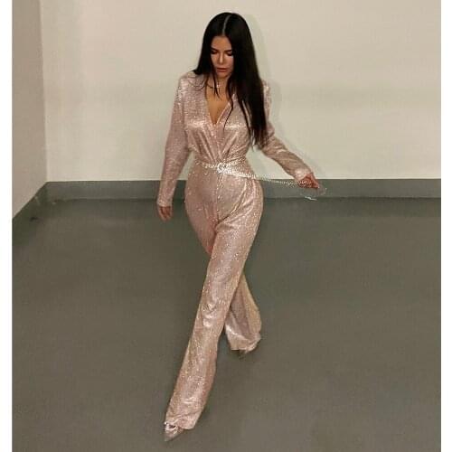 Sexy V Neck Fashion Diamonds Glitter Gold Silver Women Jumpsuits with Belt Casual Streetwear Club Long Sleeve Femme Rompers F389