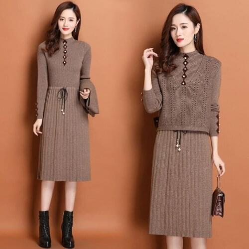 2021 Spring Woman Fashion 2 Piece Set Female O-Neck Knitted Dress Female Solid Color Loose Knit Sweaters Two Piece Suits Q126