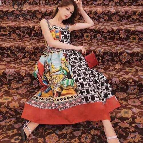 Qian Han Zi designer fashion Summer sexy Spaghetti Strap dress Women pattern printing Slim vintage Midi dress