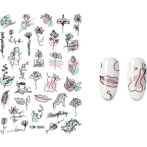 1pc Nail Stickers Abstract Art Sketch Doodle Woman Flower Chinese Characters Manicure Decoration Stickers For Nai