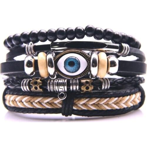 3/4Pcs/ Set Bracelets & Bangles Mens Leather Bracelets 2020 Vintage Wooden Beads Ethnic Tribal Wristbands Bracelet Eye