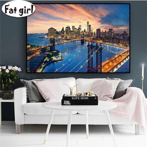 New York City Bridge Manhattan Sunset Diamond Painting Diy Cross Stitch 5D Embroidery Home Decor Mosaic Gifts