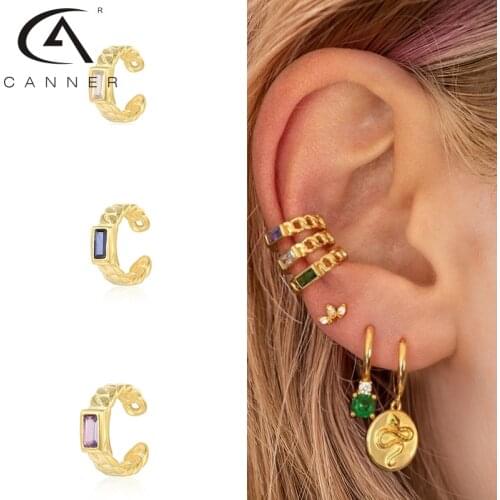 CANNER 1Pcs Color Rectangle Zircon Earrings For Women 925 Sterling Silver Small Circle Earrings No Ear Hole Earring CZ Jewelry