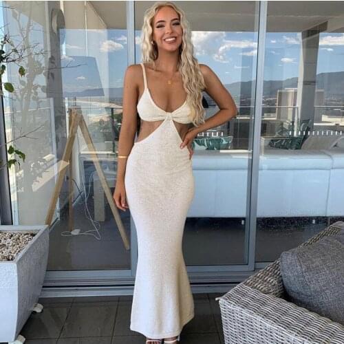 COZOK Vacation Knitted Maxi Dresses for Women Summer 2021 Elegant Sexy Party Cut Out Backless Bodycon Dress CF5826