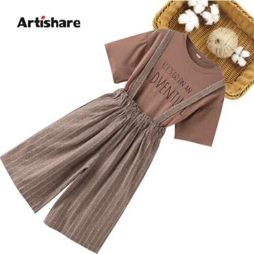 Children Clothes Letter Tshirt + Jumpsuit Girls Clothing Striped Costume For Girl Summer Childrens Clothes Set