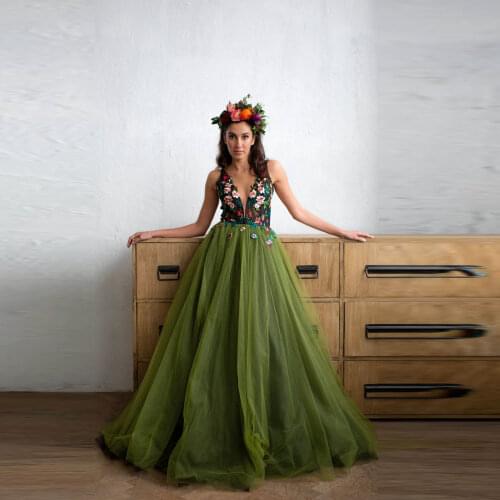 Floral a line Long Evening Dress Vestido De Festa Army Green Tulle Lush Deep V Neckline Evening Dresses Applique robe de soiree