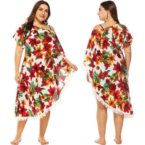 Womens Loose Beach Dress Plus Size Pareo Beach Tunic Floral Print Bikini Cover UP Swimsuit Beachwear Swimwear Robe De Plage 4XL
