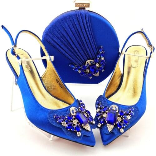 Doershow fashion Women blue Shoes and Bag Set In Italy/ Italian Shoes with Matching Bag Set Decorated with Rhineston!HYD1-28