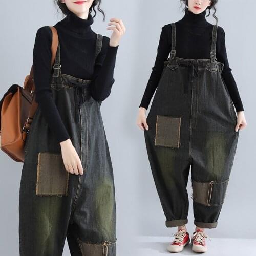 Oversized Denim Jumpsuit Spring Autumn New Vintage Fashion Patchwork Harem pants Overalls Pants Trousers Plus Size