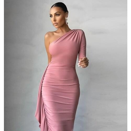 Elegant Pink Midi Dress Women Sexy Long-Sleeved One-Shoulder Ruffled Bodycon Club Female Evening Party Vestidos 2021 Fashion New