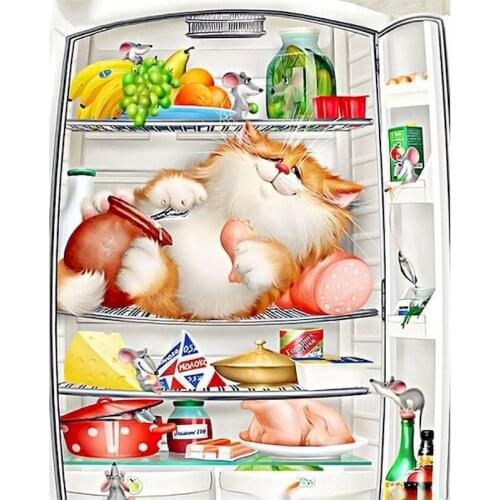 GATYZTORY 40x50cm Paint By Numbers Refrigerator cat DIY Painting By Numbers On Canvas Animals Frame Digital Hand Painting Home D