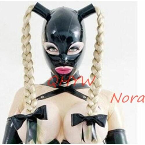 Latex hoods with wigs Customized Fetish heroine mask hood Handmade Natural Zentai hoods Women black open eyes headgear