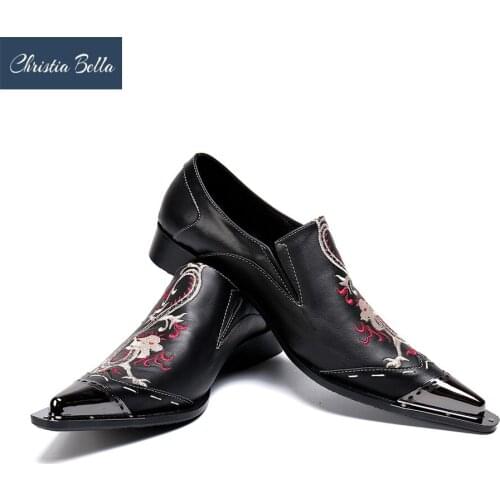 Christia Bella Fashion Iron Toe Leather Shoes Exquisite Embroidery Pointed Tide Dress Shoes for Men Business Style Office Shoes
