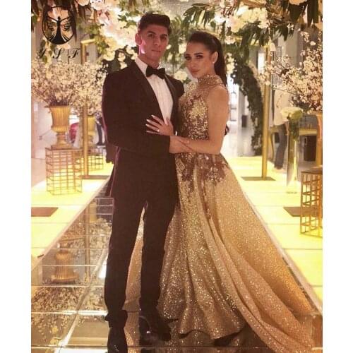 Fashion High Collar Appliqued Lace Sleeveless Bling Bling Glitter Fabric Mermaid Evening Dresses with Overskirt 2019