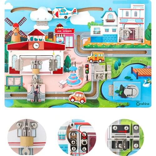 Kids Wooden Un-Lock Toys Set City Travel Vehicle Scene Labyrinth Unlock Games for Children Montessori Education Learning Gift