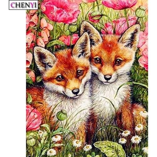 CHENYI 5D Diy Diamond Painting Animal Fox Cross Stitch Kit Wall Sticker Full Square Diamond Embroidery Flower Pattern Home Decor