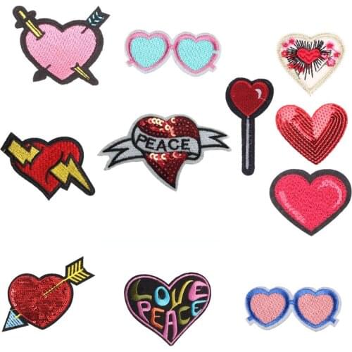 Love Heart Patch Sticker Iron on Clothes DIY Heat Transfer Glasses Applique Embroidered Application Cloth Fabric Sequin Patches