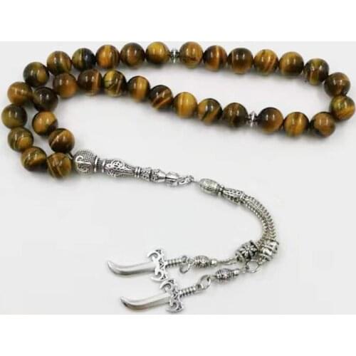 Natural Tiger eyes Tasbih With metal Knife tassels Muslim rosary islamic prayer beads 33 66 99 beads Special stone bracelet