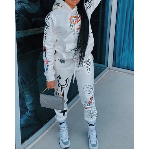 2020 Autumn Women Fashion Hoodie Cartoon Letter Print Hooded Top & Drawstring Sweat Pants Set Suit Sets