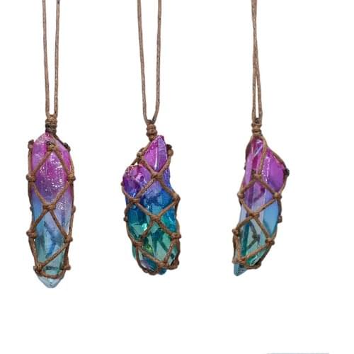 Natural Rainbow Healing Crystal Necklace Hand Braided Chakra Unpolished Raw Stone Pendant Necklace for Women 1pcs