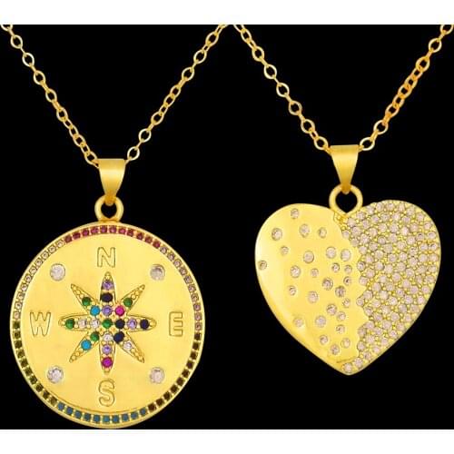 Rainbow Round Coin Compass Necklace for Women Gold Color Charm Cubic Zirconia Love Heart Pendant Necklace Fashion Jewelry Gift