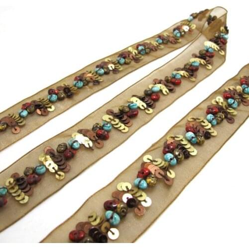 28mm Hand Beaded and Sequined Chiffon Ribbon|Brown and Colorful Beads|Clothing Sewing Supplies|Embellishment Home Decor