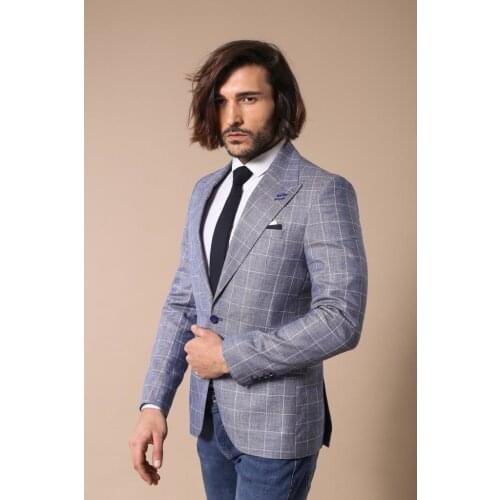 Single Button Wide Pointed Collar Blue Blazer