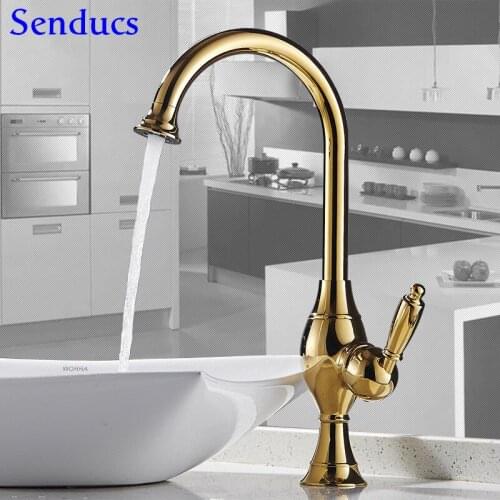 Senducs Kitchen Sink Faucet Deck Mounted Brass Kitchen Faucet Quality Gold Bronze Kitchen Mixer Tap for Hot Cold Water Taps