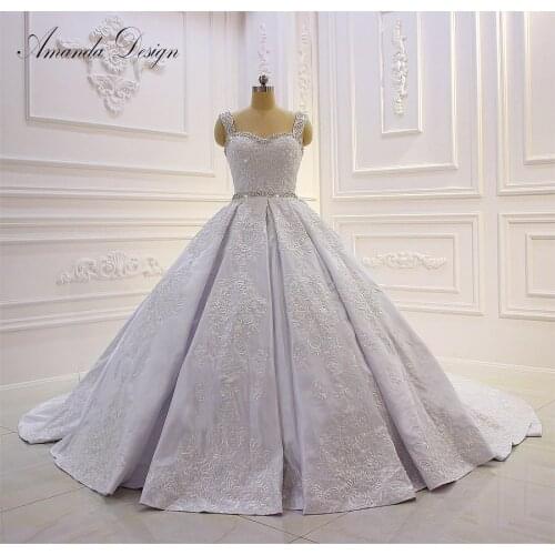 Amanda Design wedding gowns Cap Sleeve Lace Applique Rhinestone Crystal Belt 2019 Satin Wedding Dress