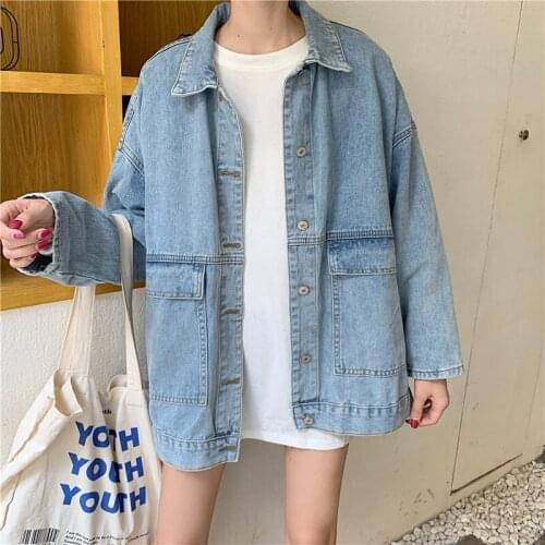 Loose denim jacket female Harajuku Denim jacket Long sleeve Blouse Shirts Pockets Long Sleeve Coat Women Denim jacket 815F