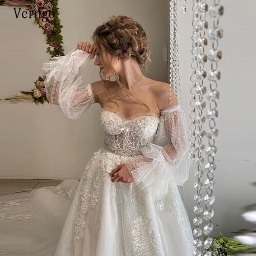 Verngo New 2021 Sweetheart Puffy Sleeve Lace Applique Wedding Dresses For Bridal Long Sleeve Beads Dot Tulle Lace Up Bride Gown