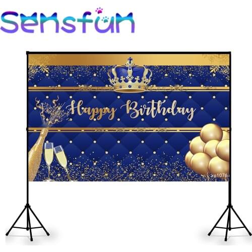 Happy Birthday Royal Blue Backdrop Crown Gold Glitter Balloons Champagne Newborn Children Birthday Party Photocall Vinyl