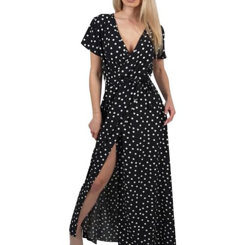 Summer Women Beach Party Sexy Deep-V Polka Dot Slits Short Sleeve Maxi Dress