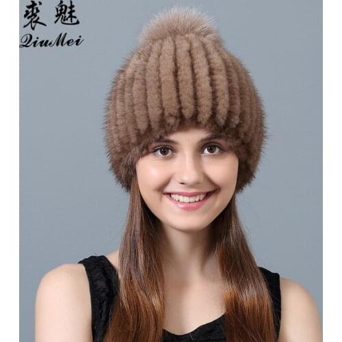 QiuMei Mink Fur Women Beanies 2018 New Natural Fur Hat Girls Russian Mink Fur Caps Hats Knitted Warm Hat Fox/Raccoon Fur Pompom