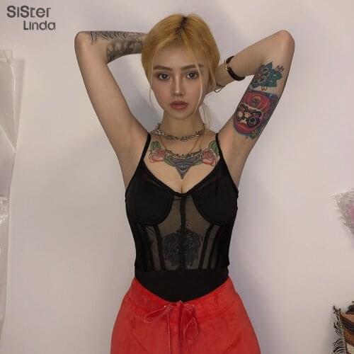 Sisterlinda French Romance See-through Sexy Bodysuit Women Sling Rompers Female Jumpsuits 2020 Ladies Club Party Black Bodysuits