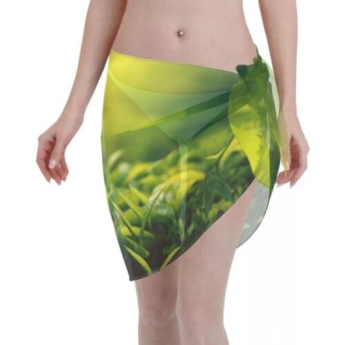 Women See-Through Beach Bikini Cover Up Wrap Scarf Swimwear Pareo Sarong Dress Tea Leaf In Plantation Field Casual Beach Dress