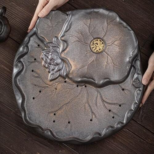 Blooming Tea Tray Japanese Gilding Iron Glaze Ceramic Water Storage and Drainage Dual-Purpose Bamboo Tea Tray Saucer Tea Table