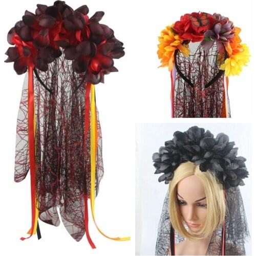 Day Of The Dead Veil Corpse Bride Hairband Mexican Fancy Dress Rose Flower Headband Women Halloween Party Costume Accessory