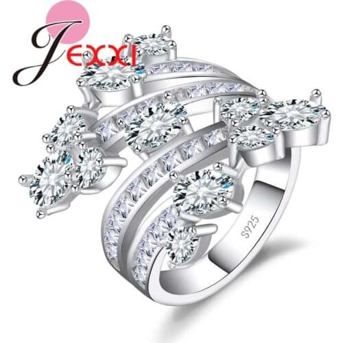 Elegant Women Female Gift White CZ Crystal Leaf Ring for Wedding Party Jewelry Accessories S925 Engrave Silver Bague