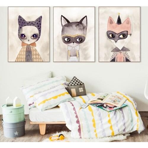 Ins Cute Cat Girl Canvas Art Print Pictures , Watercolor Drawing Cartoon Cat Nordic Style Wall Poster Baby Girl Room Decoration
